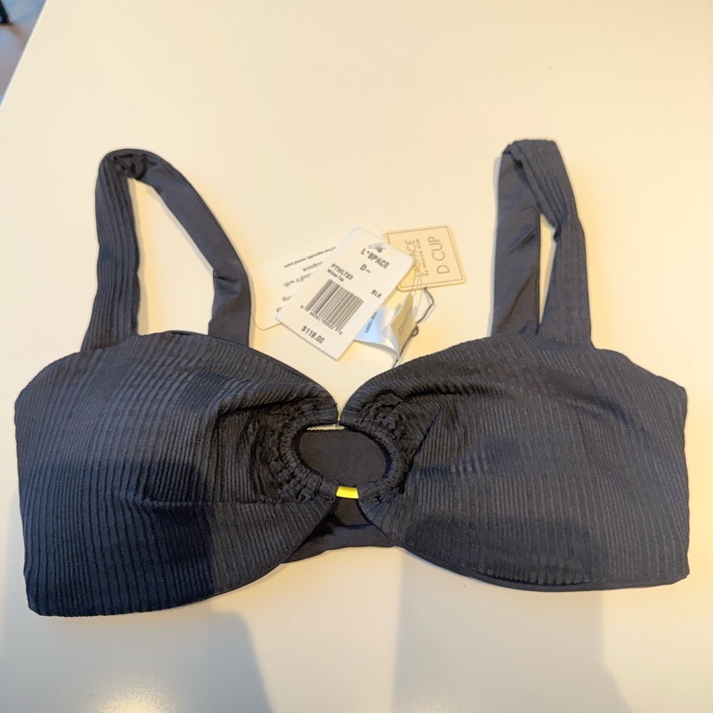 l*space Black Ribbed Bandeau Bikini Top with Center Ring